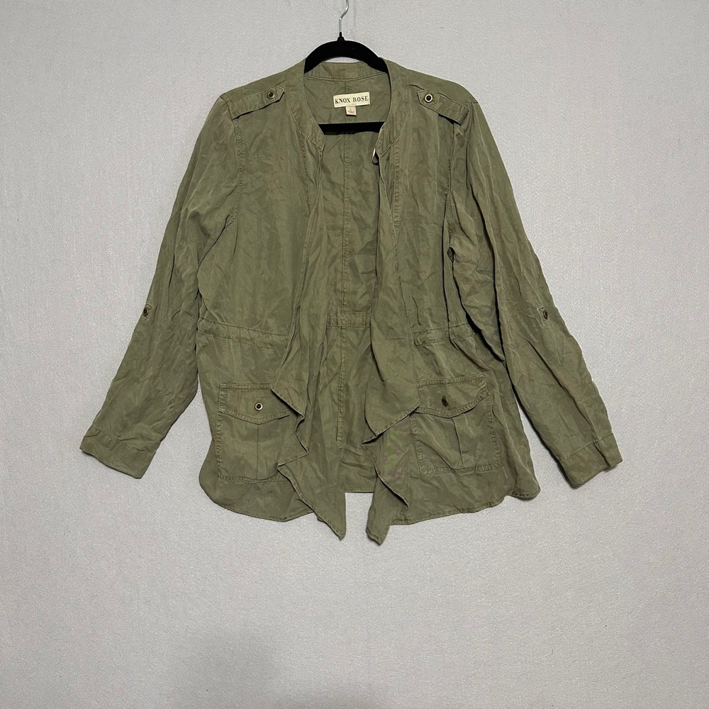 Knox Rose Womens Utility Jacket L Green Lyocell Draped Open Front